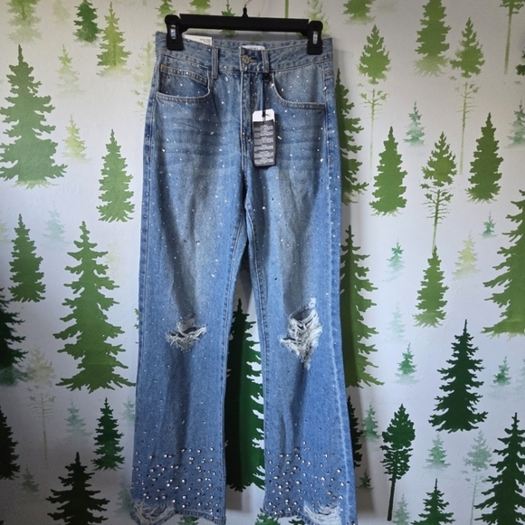 Forever 21 Denim - Embellished Slim Fit Flared Blue Jeans